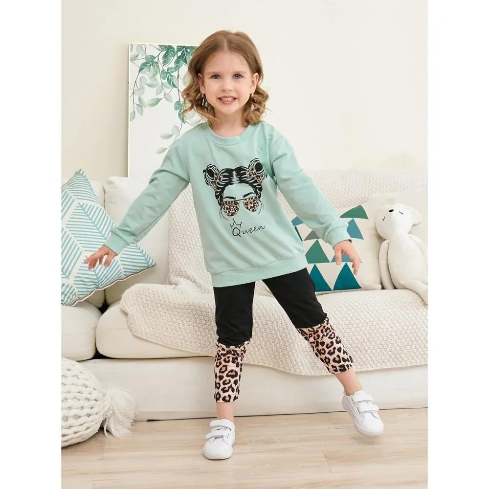 Toddler Girl Clothes Figure Graphic Drop Shoulder Top Pullover Leopard Print Pan